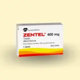 Opakowanie Zentel 400 mg, tabletka z albendazolem, stosowana na pasożyty. Jedna tabletka to jedna dawka.