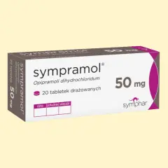 Opakowanie leku sympramol 50 mg, zawierające 20 tabletek drażowanych. Informacja o dawkowaniu: rano, południe, wieczór.