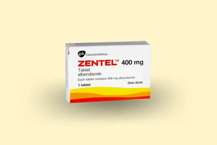 Opakowanie Zentel 400 mg, tabletka z albendazolem, stosowana na pasożyty. Jedna tabletka to jedna dawka.