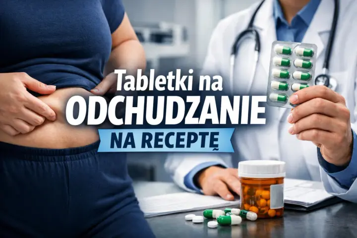 Lekarz pokazuje tabletki na odchudzanie na receptę. Pacjentka ściska fałd skórny na brzuchu.