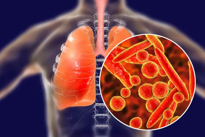 Płuca i tchawica człowieka z powiększoną wizualizacją bakterii Mycoplasma pneumoniae, które mogą wywoływać zapalenie płuc i inne objawy.