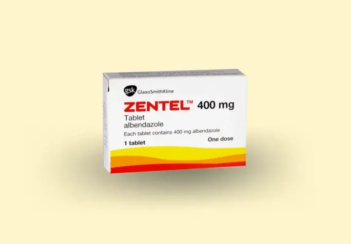 Opakowanie Zentel 400 mg, tabletka z albendazolem, stosowana na pasożyty. Jedna tabletka to jedna dawka.