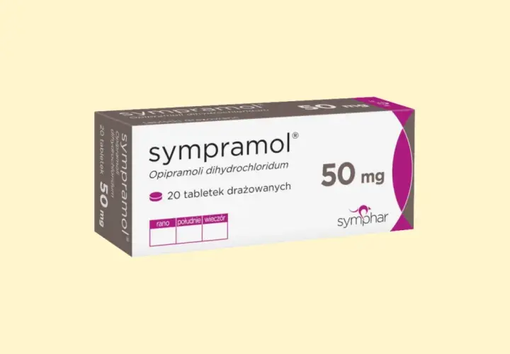 Opakowanie leku sympramol 50 mg, zawierające 20 tabletek drażowanych. Informacja o dawkowaniu: rano, południe, wieczór.