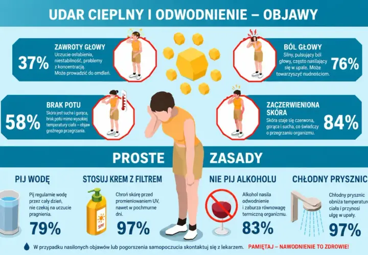 Objawy odwodnienia: zawroty głowy, ból głowy, brak potu, zaczerwieniona skóra. Pij wodę, stosuj krem z filtrem, unikaj alkoholu, bierz chłodne prysznice.