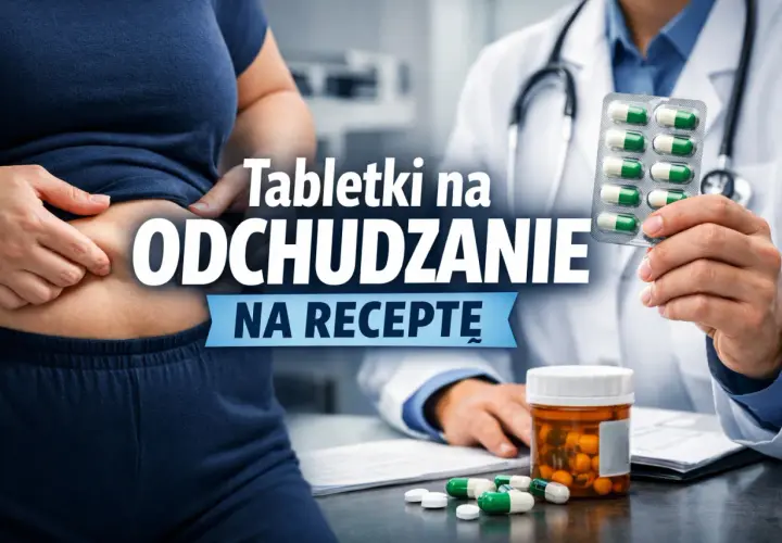 Lekarz pokazuje tabletki na odchudzanie na receptę. Pacjentka ściska fałd skórny na brzuchu.