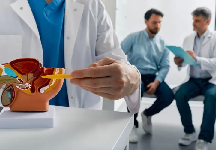 Lekarz omawia z pacjentem model układu moczowo-płciowego, wskazując na obszar prostaty. Rozmowa dotyczy potencjalnych objawów raka prostaty.