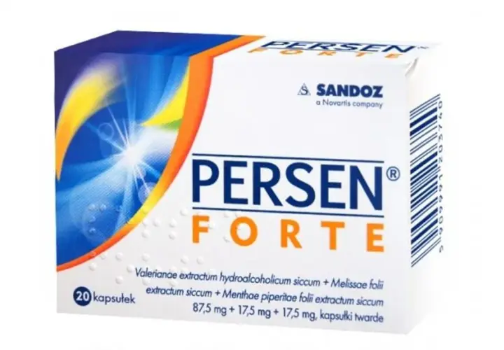 Opakowanie leku Persen Forte, zawierające 20 kapsułek. Na pudełku widnieje logo Sandoz.