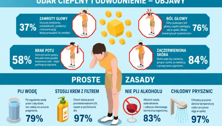 Objawy odwodnienia: zawroty głowy, ból głowy, brak potu, zaczerwieniona skóra. Pij wodę, stosuj krem z filtrem, unikaj alkoholu, bierz chłodne prysznice.