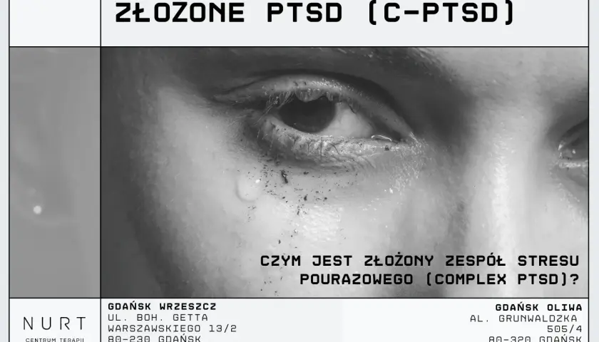 Zbliżenie na zapłakane oko, symbolizujące złożony zespół stresu pourazowego (c-PTSD). Pomoc dla osób zmagających się z traumą.