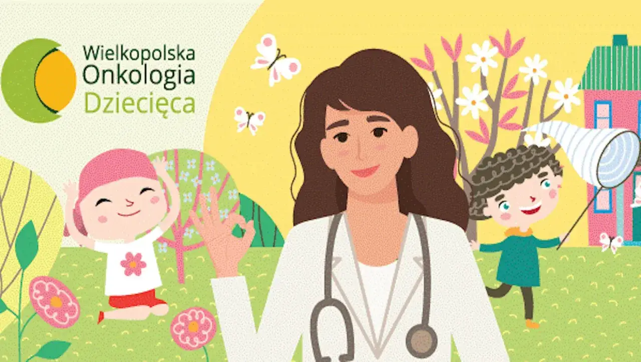Lekarka z Wielkopolskiej Onkologii Dziecięcej wspiera dzieci w walce z chorobą. Radosne maluchy i motyle symbolizują nadzieję.